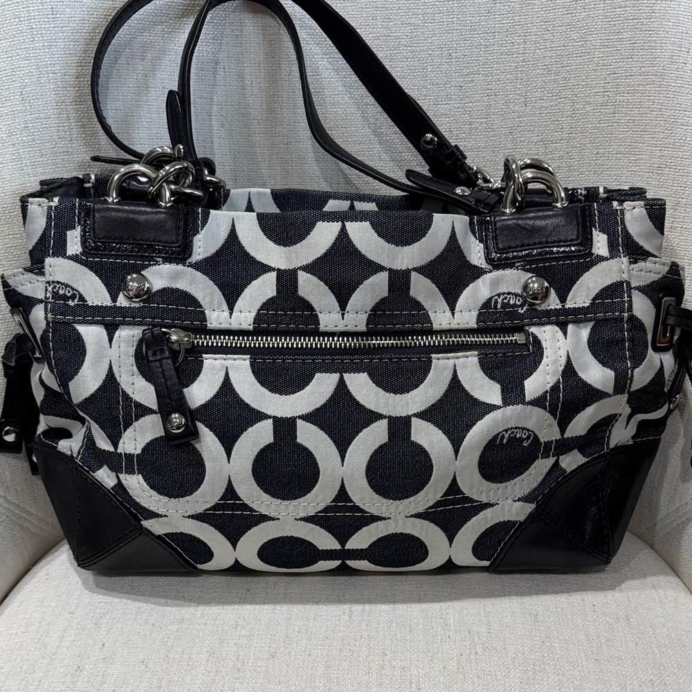 Coach Black Denim and White Signature Circle Satchel - Picture 2 of 13